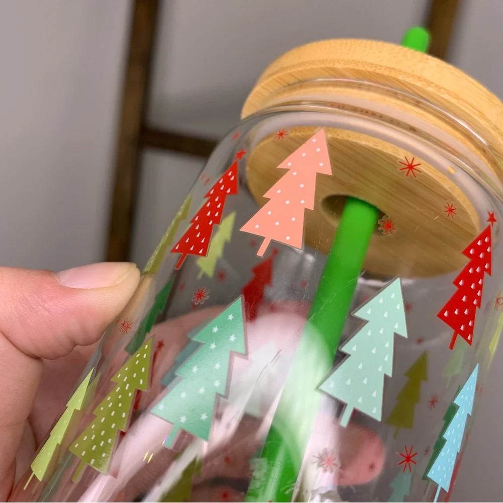 Hobby Lobby Festive Tree Glass Tumbler with Bamboo Lid and Green Straw